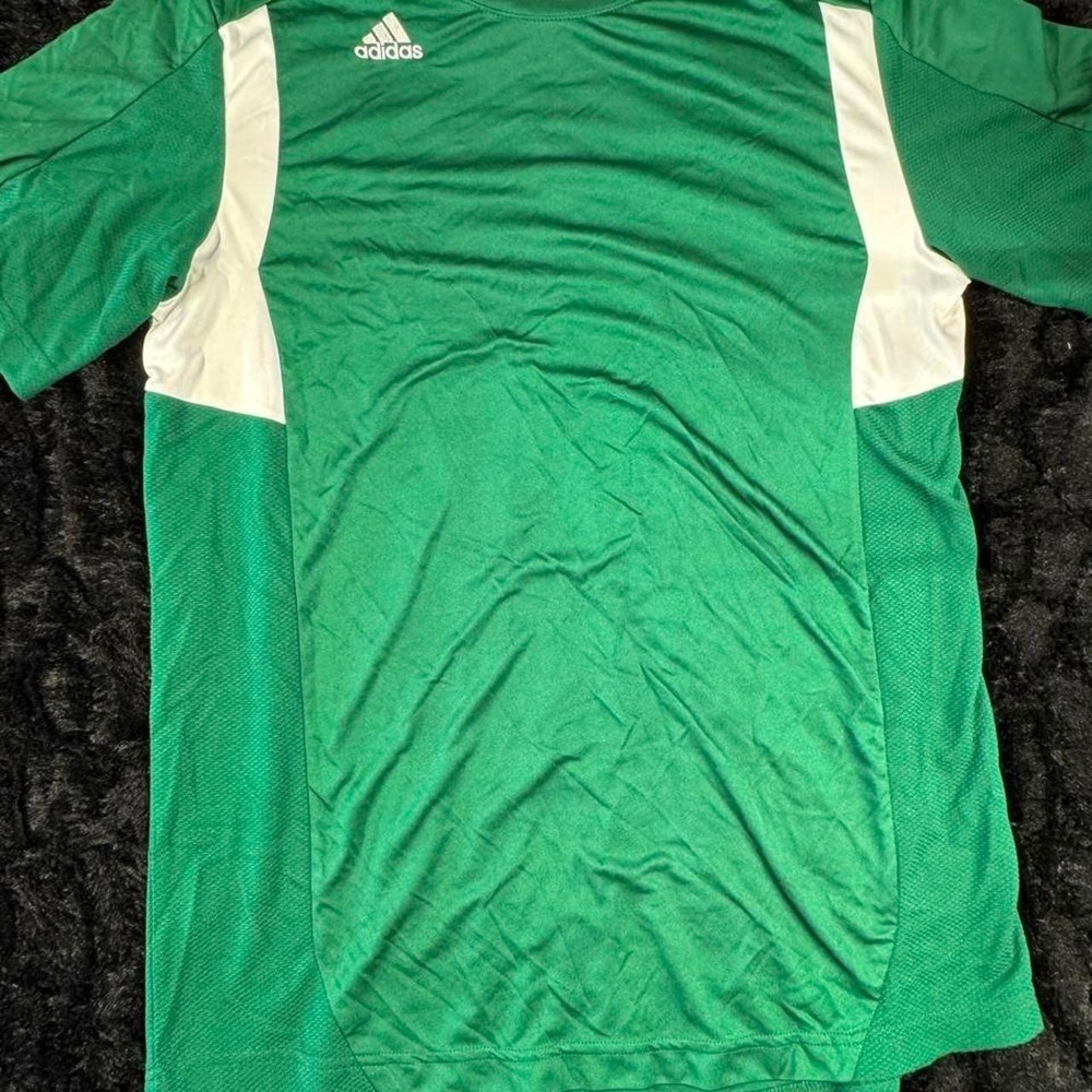 Adidas green soccer jersey with white stripes on shoulders and sleeves, size L